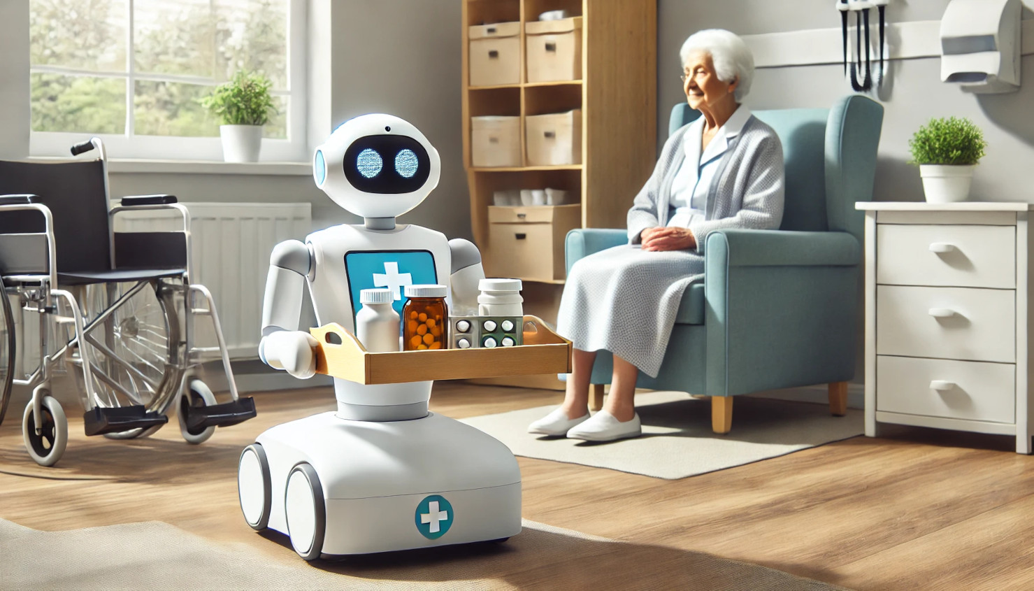 Pflege-Roboter in einem Seniorenheim bringt einer älteren Frau Medikamente auf einem Tablett. Im Hintergrund ein Rollstuhl und eine gemütliche Wohnumgebung